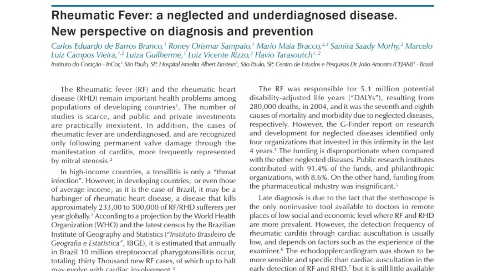 2Rheumatic Fever a neglected and underdiagnosed disease. New perspective on diagnosis and prevention